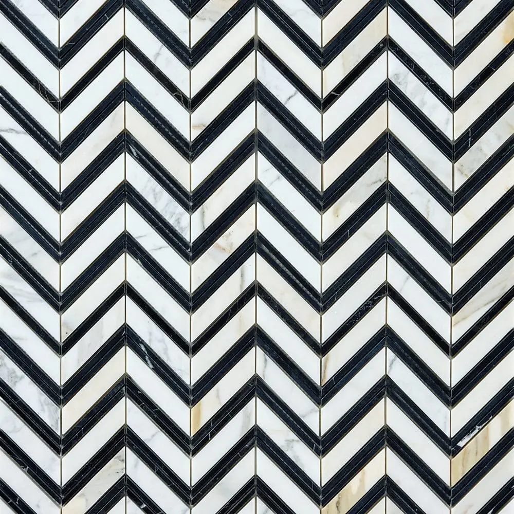 Calacatta Gold & Black Grand Chevron 12x12 Polished/Honed Marble Mosaic Tile Sample