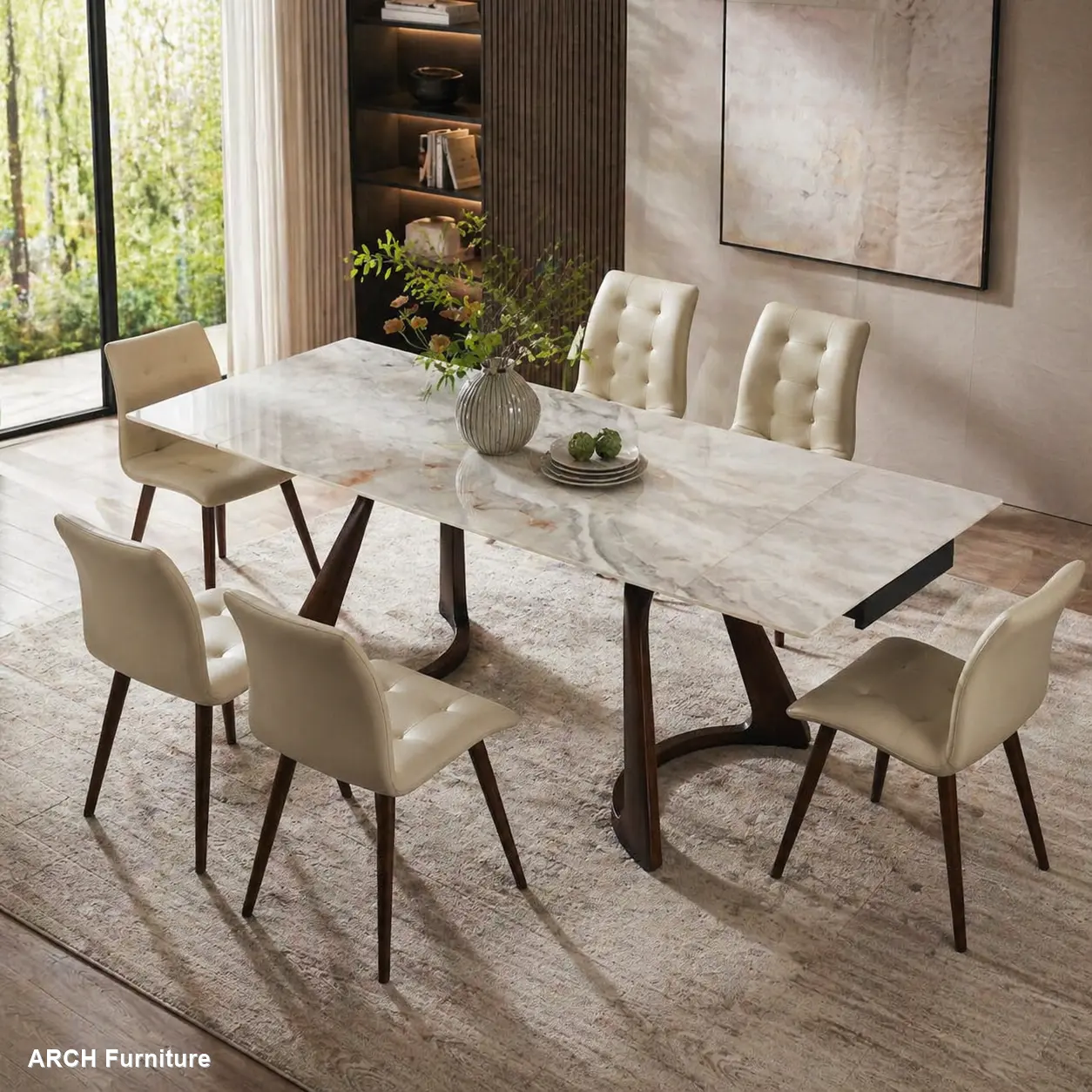 ARCH Expandable Configurable Heavy-Duty Dining Table (63" to 94.48"), 6-Seat Imitation Sintered Stone Top (Heat-Resistant, Scratch-Proof), Dark Walnut Solid Wood Base for Home Kitchen, Living Room, Configurable Dining Tables, Heavy-Duty Dining Tables