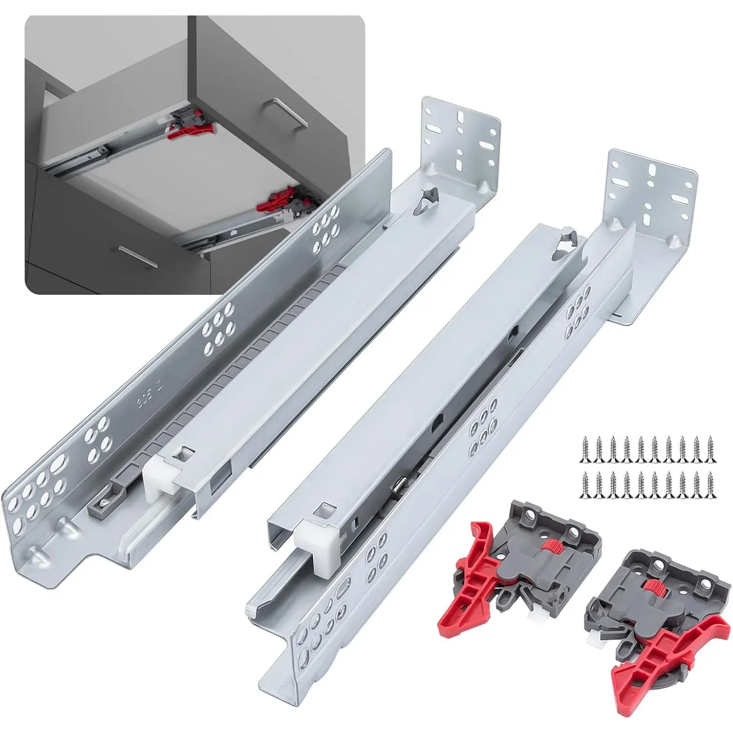 21-Inch Undermount Soft-Close Galvanized Steel Drawer Slides (2 Packs), Full Extension Concealed Design Cabinet Rails with Rear Mounts, 1D Adjustable Locking Devices, Soft-Close Dampers & 100 lb Load Capacity