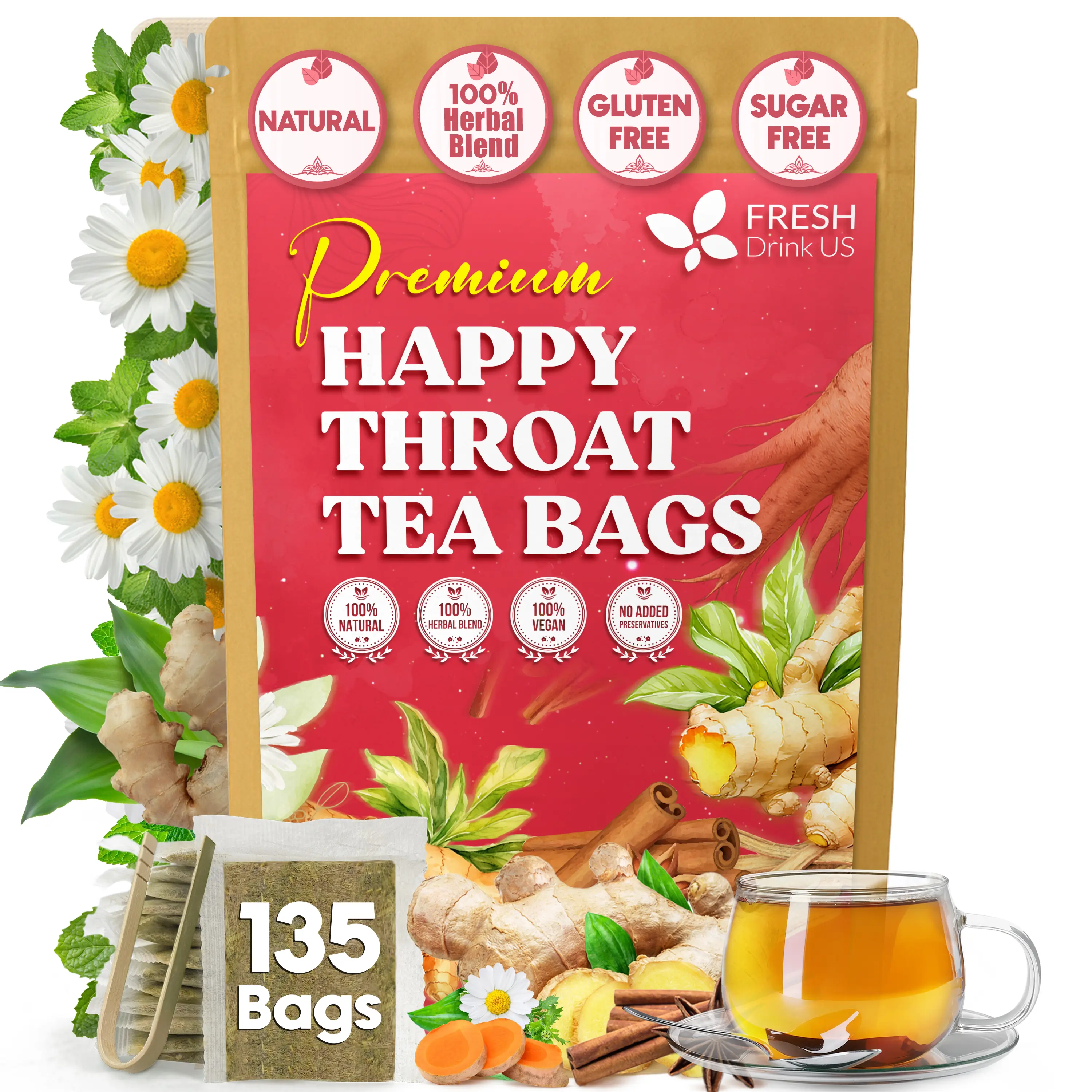 【FreshDrinkUS】 Premium Happy Throat Herbal Tea - Marshmallow Root, Slippery Elm & Ginger – Dry & Sore Throat Relief – Caffeine-Free, No Honey, No Citrus – No Sugar