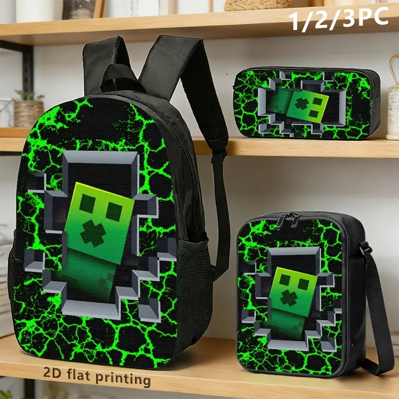Durable Water Resistant 3-Piece Backpack Set for Kids, Lightweight School Bag with Lunch Box, Featuring Break-Out Green Pixel Creeper Full-Print, Neon Green Crack Lightning Texture & 3D Block Hole Effect on Black Background for Sandbox Game Fans Daily Sch
