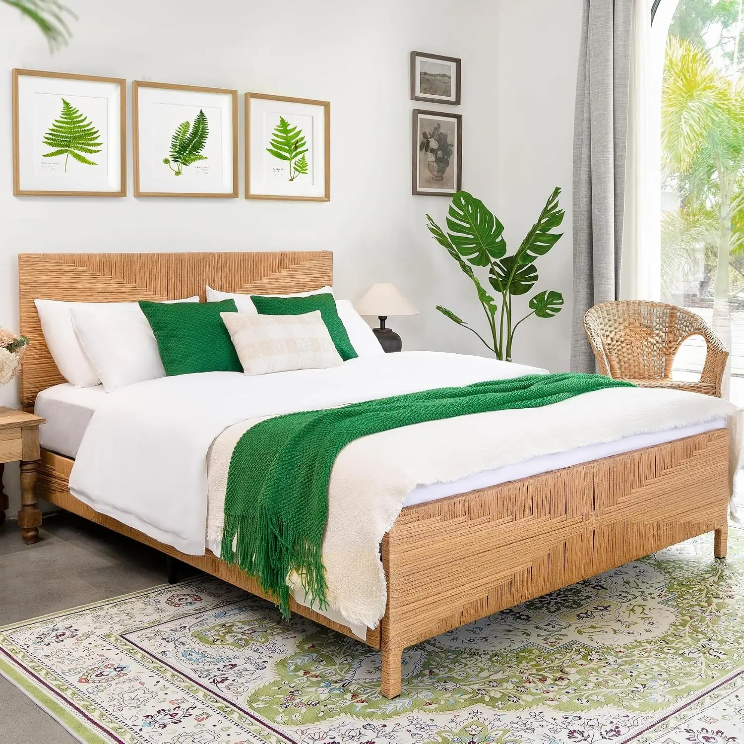 Yechen Boho Bed Frame with Headboard and Footboard, Hand-Woven Rattan Mid Century Modern Bedframe with Vintage Pattern, Wicker Bed with Metal Frame and Metal Slats, No Box Spring Needed, 1000lbs (Full, Queen, King),familyfun