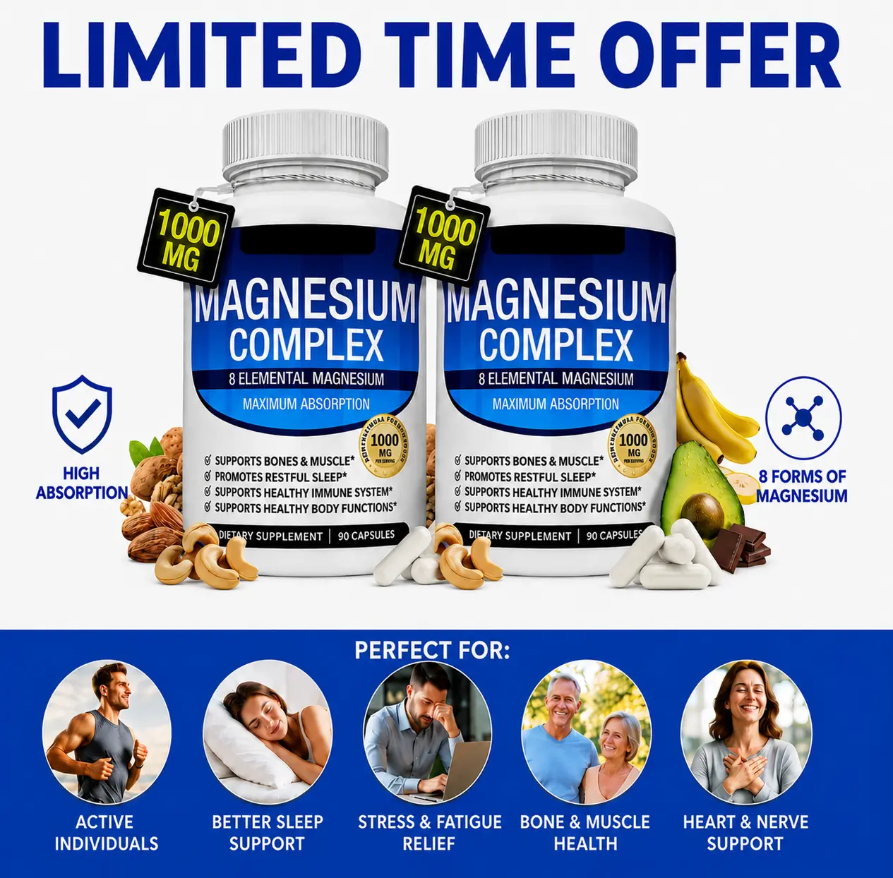 Healthy Chelated Magnesium Complex Supplement - 1000mg, 8 Natural Elements Including Glycinate, Citrate, Malate, Taurate in Chelated Forms