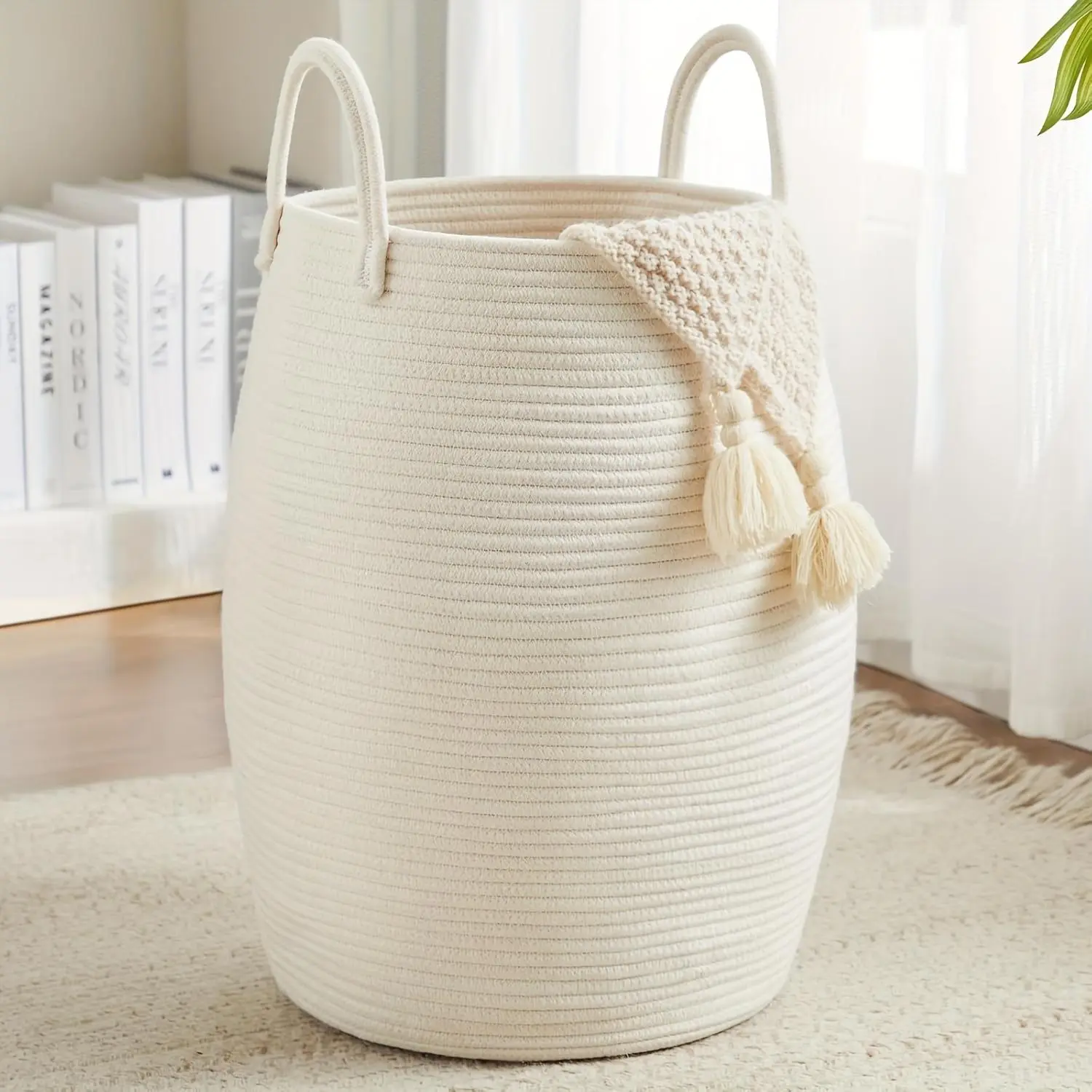Larry Large-Capacity Tall Collapsible Woven Bag Laundry Basket with Extended Handles (No Tassel Trim) - Women's Clothes Storage for Bedroom, Bathroom