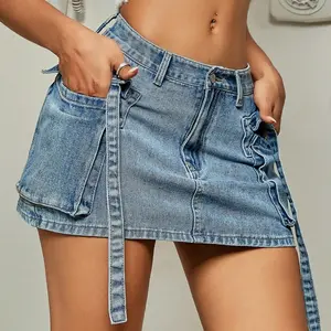 Y2K Street Flap Pocket Tape Detail Cargo Denim Mini Skirt Summer Hottie Outfit
