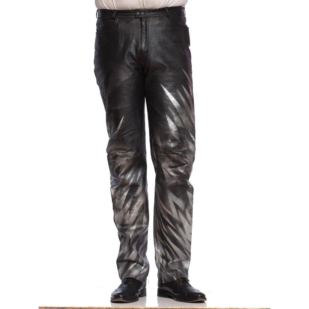 1980S Black Leather Men's Pants With Silver Metallic Graffiti