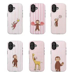 Pink Striped Curious George Phone Case – PBS Kids Monkey Cartoon Phone Cover with Cheerleader, Volleyball & Giraffe Design, Cute Girly Aesthetic Striped Pattern, Gift for Fans |     Cover for IPhone 17 16 15 14 13 12 SE Max Pro Samsung galaxy 21 22 23 24