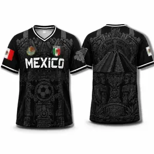 Men’s Mexico-inspired black soccer jersey, V-neck short-sleeve fan shirt with heritage graphic for game day and casual wear