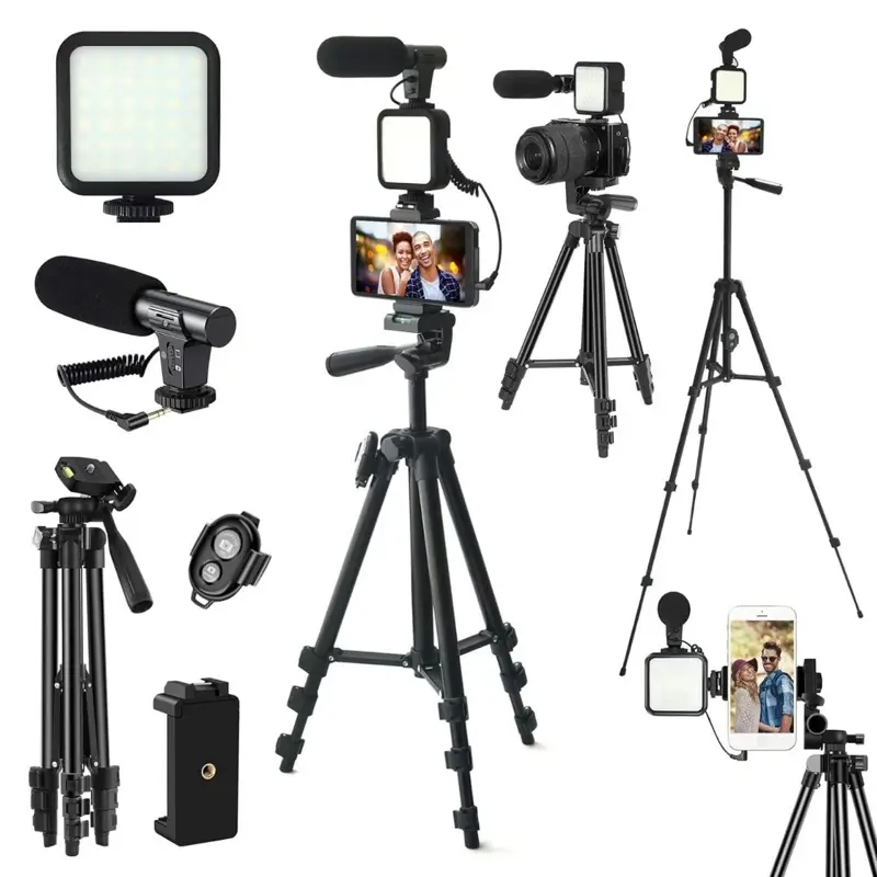 Vlog Shooting Kit for iPhone, 1 Set Camera & Cell Phone Vlogging Kit with LED Lights for Fall, Selfie Stick Tripod & Selfie Light & Phone Clip with Microphone for Cell Phone Vlogging, Adjustable Smartphone Accessories, Stocking Fillers Gift