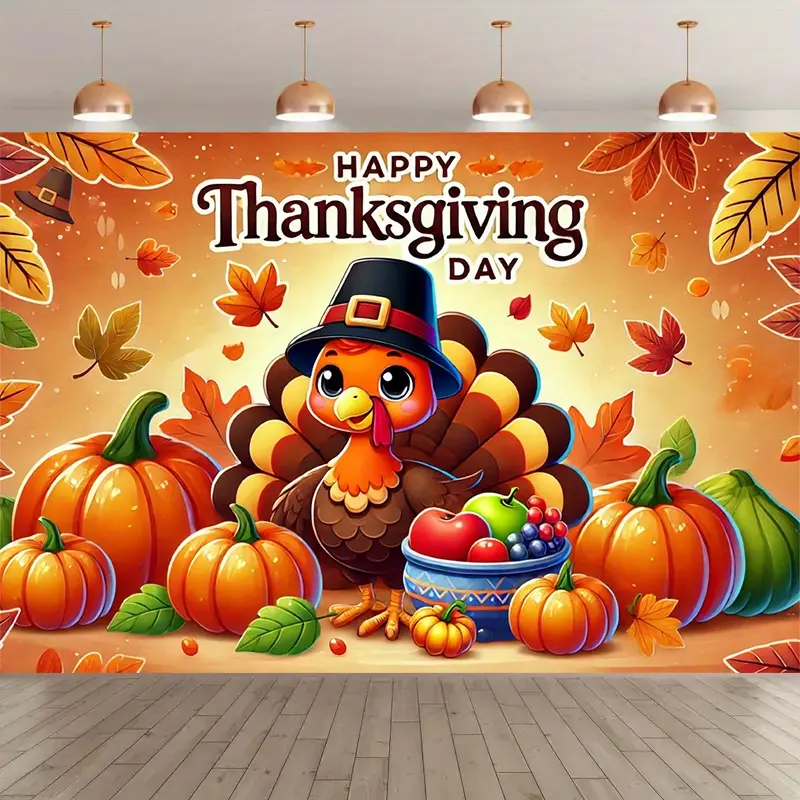 Polyester Thanksgiving Backdrop Flag - Vibrant Turkey Pumpkin Photography Banner, Festive Home Decoration, Indoor-Outdoor Holiday Event & Studio Prop Supply