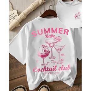 Women's Cocktail & Letter Print Round Neck Tee, Casual Fashion Comfy Short Sleeve T-shirt for Summer, Ladies Clothes for Daily Wear, Top, Womenswear