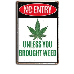 1 count Humorous No Entry Unless You Brought Weed Metal Tin Sign - 8''x12'' Street Sign with Trippy Room Decor, Vintage Plaque, Funny Man Cave Decor, Bedroom Wall Art, and Bar Decor - Perfect 420 Accessories for Weed Enthusiasts