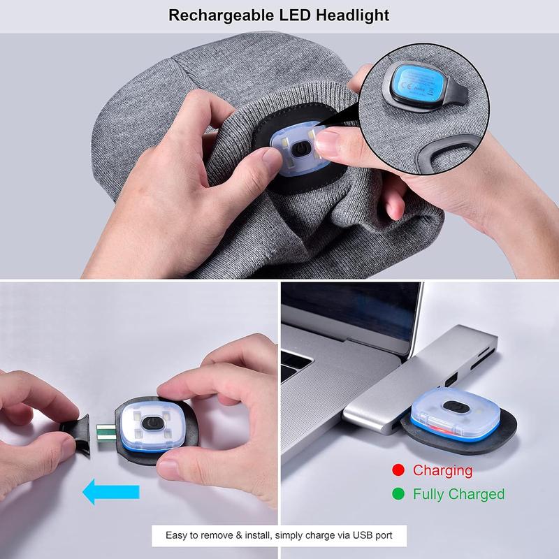 Bluetooth Beanie with a Light, Unisex USB Rechargeable 4 LED Fashlight Hat with Cordless Headphones, Unique Christmas Birthday Gifts for Men Him Husband Teen