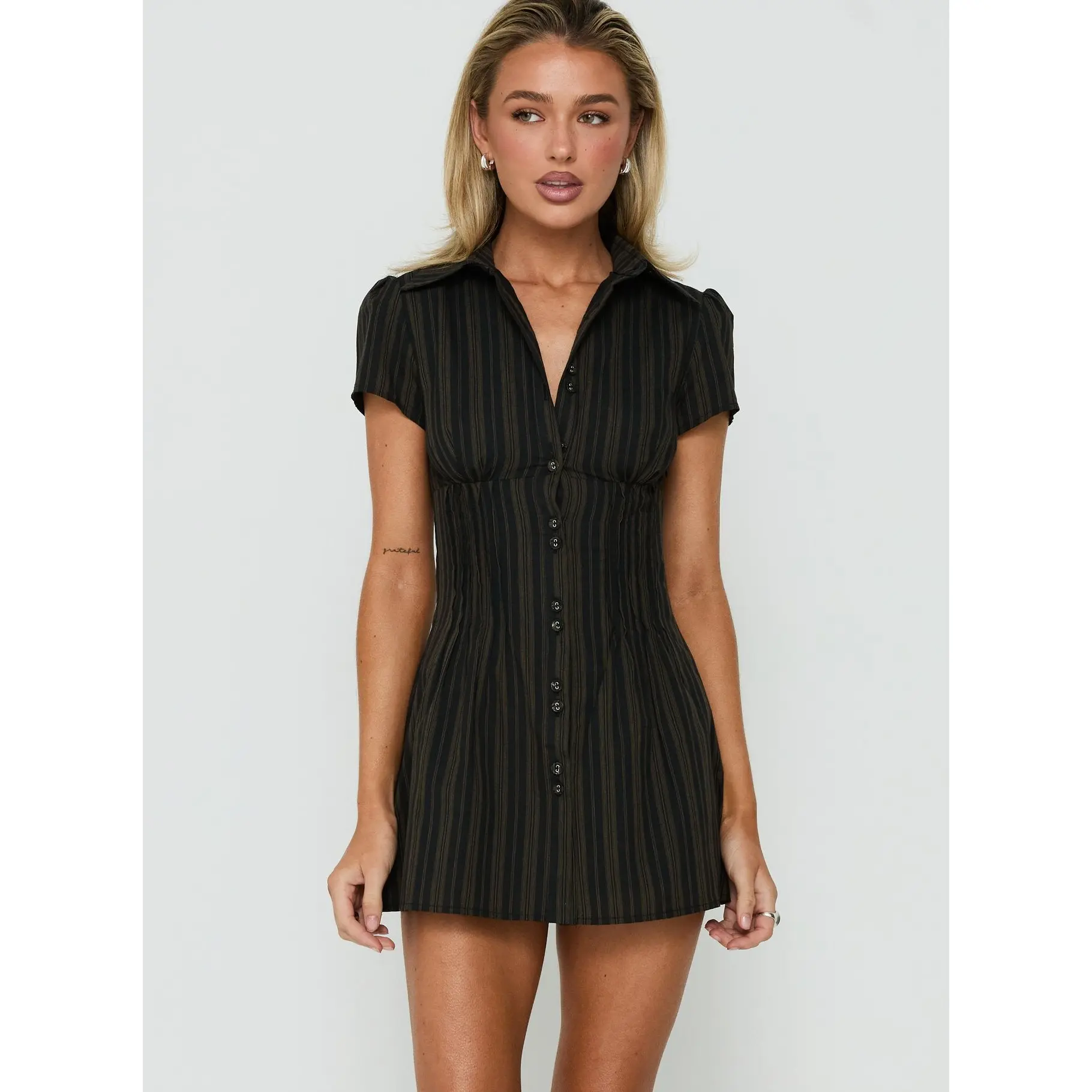 Selenne Collared Short Sleeve Playsuit Brown / Black Stripe