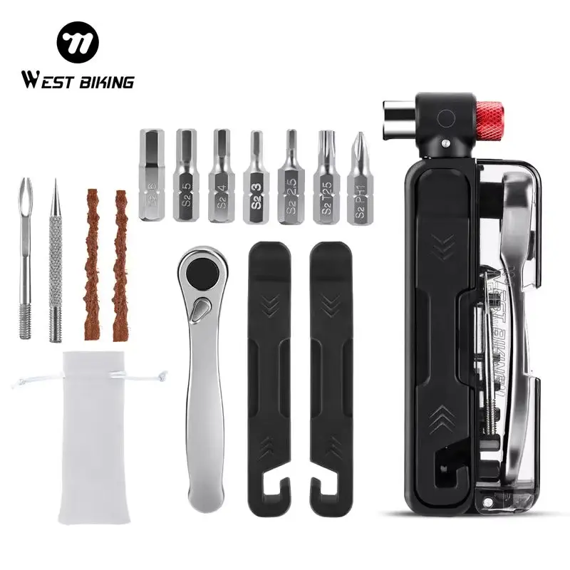 WEST BIKING 15 in 1 Multifunctional Bicycle Repair Maintenance Tool Kit Toolset. Mini Portable Bike Inflator Pry Maintain Tool Bike H5 T25 Screwdriver Tools Kit