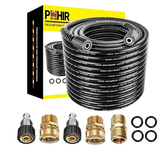 POHIR 1/4" Pressure Washer Hose, 4000 PSI Flexible Kink-Resistant Portable Power Washer Accessory Kit with Quick Connect Fittings, Extension Adapter and 4pcs 14mm-to-3/8 Adapters, Flexible Hose, Kink Resistant Hose