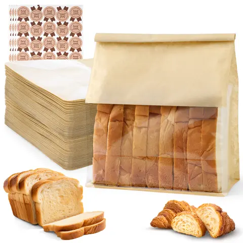 GARFUNOVO Durable Bakeware Baking Paper Bread Bags Set (100pcs) - 8.6"l x 4.3"w x 11"h, CPP Film Window, Tin Tie, 200 Sealing Stickers, 3.3lb Capacity, 11" Storage, Maintaining Freshness, Optimal Visibility for Homemade Bread, Holiday Gatherings