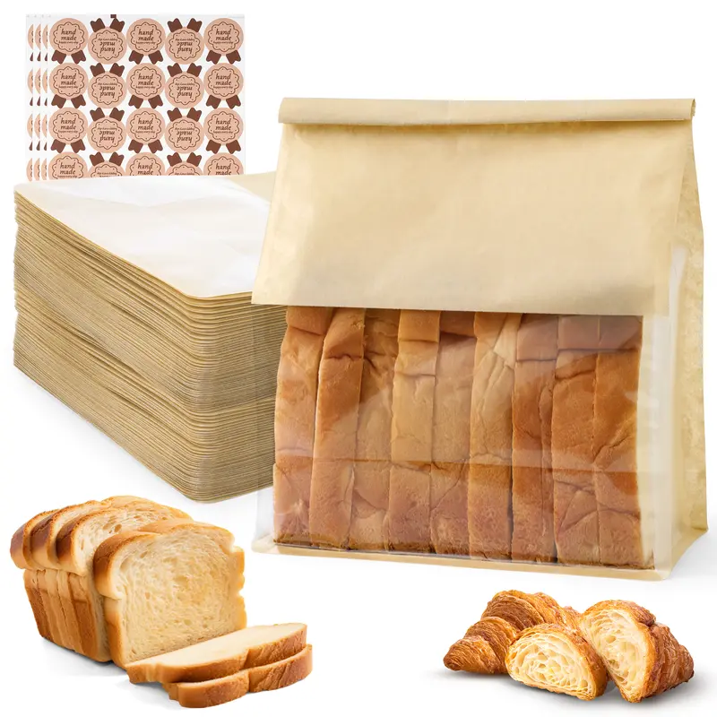 GARFUNOVO Durable Bakeware Baking Paper Bread Bags Set (100pcs) - 8.6"l x 4.3"w x 11"h, CPP Film Window, Tin Tie, 200 Sealing Stickers, 3.3lb Capacity, 11" Storage, Maintaining Freshness, Optimal Visibility for Homemade Bread, Holiday Gatherings
