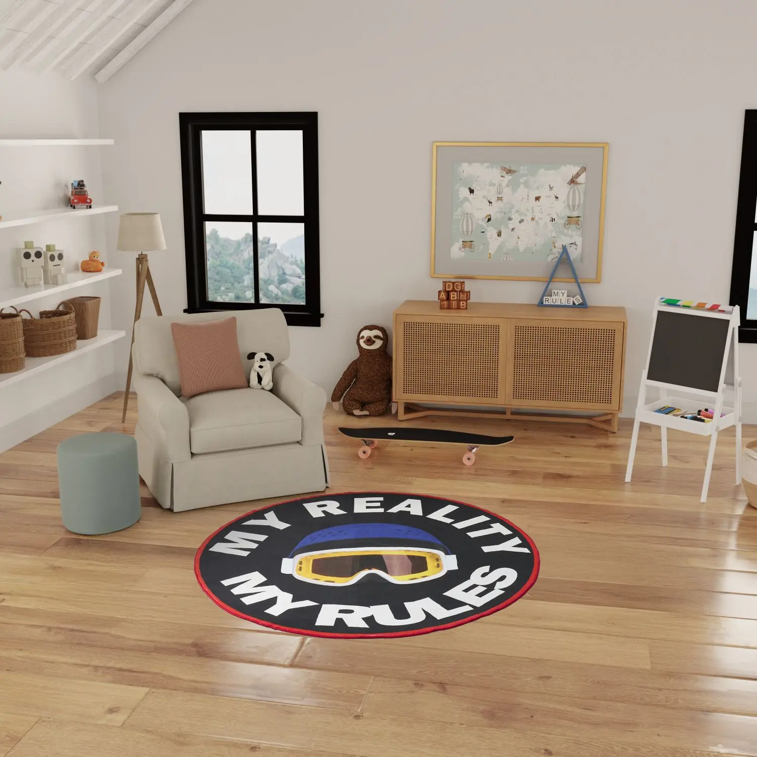 Nourison Imagination Snowboarding 5' x Round Multicolor Kids Washable Indoor Area Rug