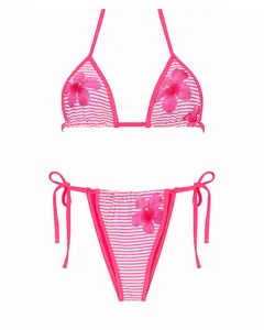 Hibiscus Stripes Bikini Bottom - Flowerel & Stripes Pattern Cheeky Side Tie Bikini Bottoms Adjustable High-Stretch Swim Fabric