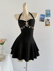 MALINDA Vacation Halter Tie Starfish Shell Decor Ruffle V-Neck Floral Metal Buckle White Knit Textured Bodycon Mini Dress
