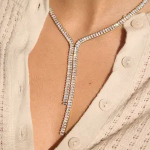 Emma's Heart | Square Zirconia Y-Lariat Necklace - 18K Gold Plated Stainless Steel, Tassel Drop Jewelry