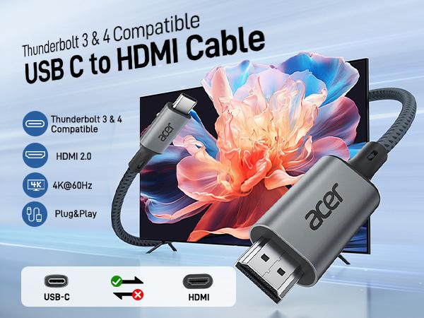 Acer  4K@60Hz USB C to HDMI Cable 6FT, High Speed Braided Cord, Video Audio Sync, Thunderbolt 3/4 Compatible, Type C to HDMI Adapter Cable for Macbook, iPhone, iPad Pro/Air