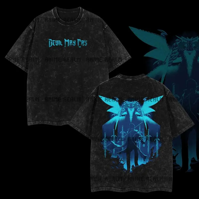 [Anime Realm] Limited Edition "Vergil Sin Devil Trigger ver 2 - Devil May Cry" - Drawstring Starter Heavyweight Double Printed Acid Washed Tee, Anime Graphic Tee T-Shirt