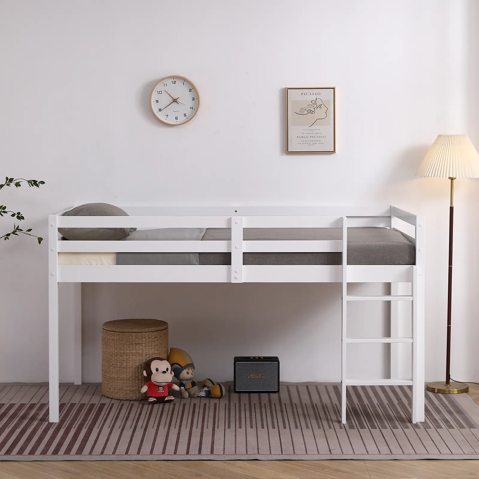 Twin Size Sturdy Durable Twin Pine Wooden Platform Bed - Elevated Cross Bracing, Low Bunk, White Indoor Furniture Bed Frame