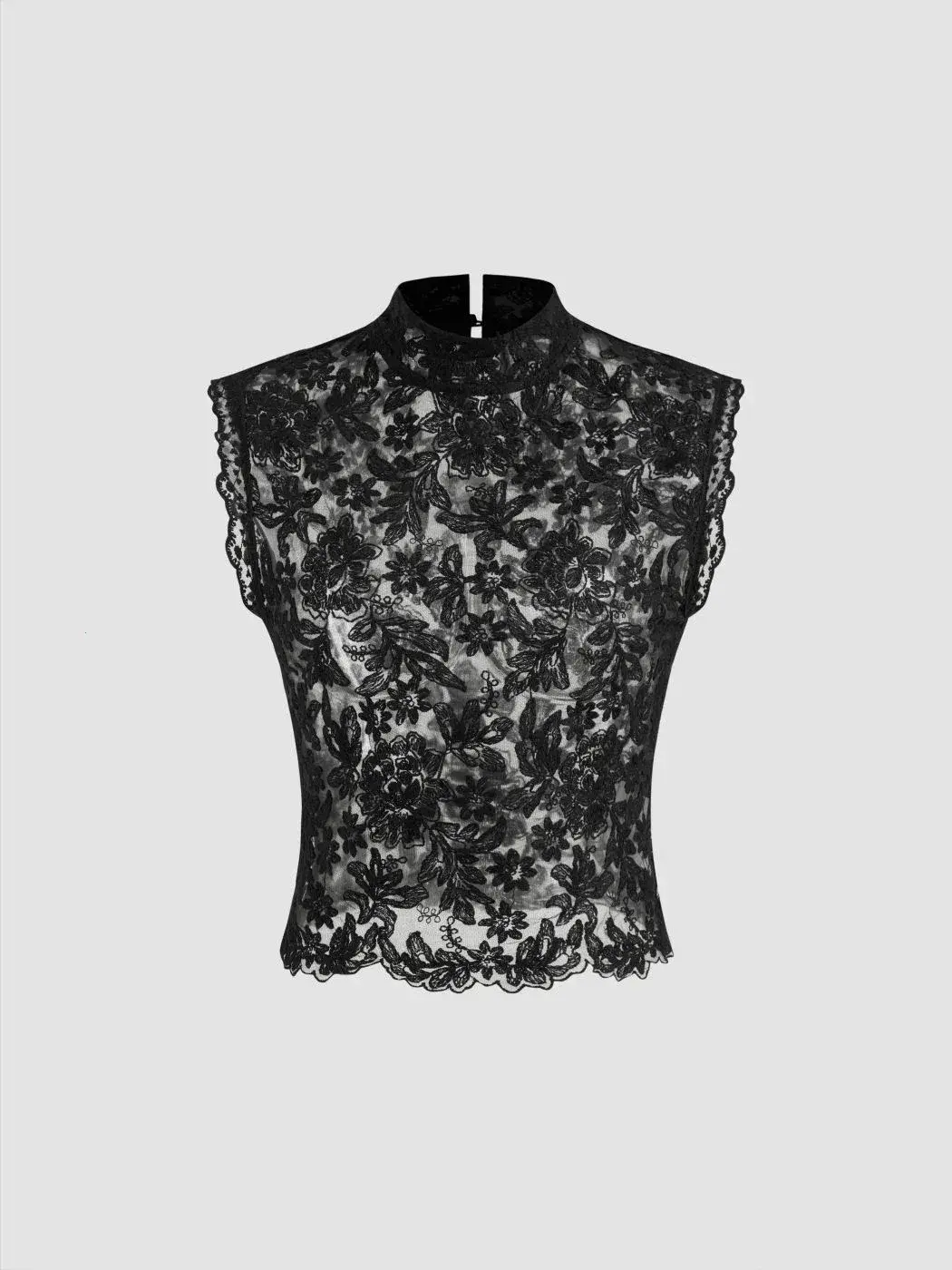 Lace Mandarin Collar Floral See-through Tank Top
