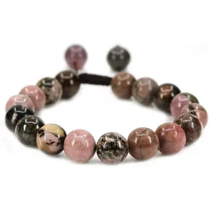 Angelstones Handmade Gemstone 10mm Matrix Rhodonite Round Beads Adjustable Braided Macrame Tassels Chakra Reiki Bracelets 7-9 inch Unisex