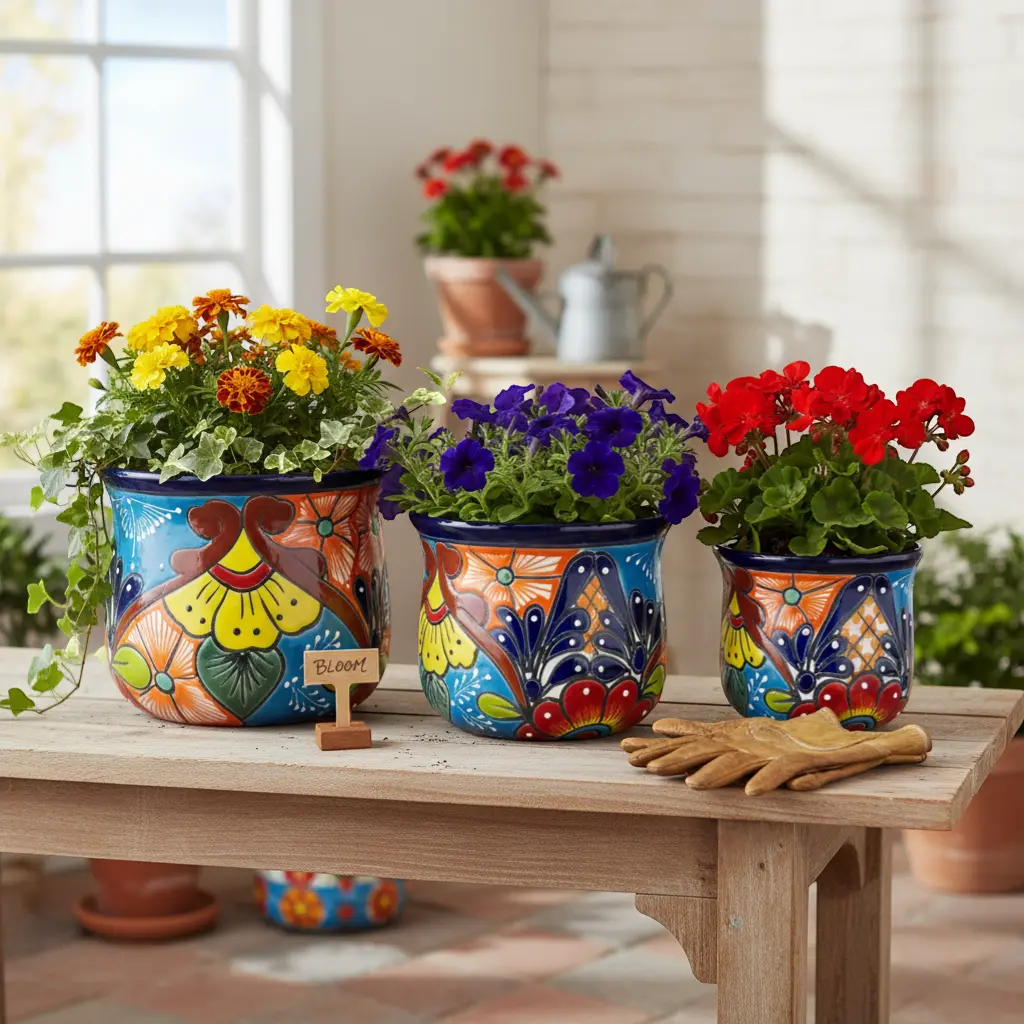 Set of 3 Talavera Flower Pots | Colorful Hand-Painted Mexican Planters