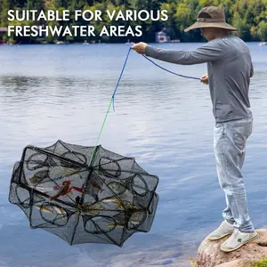 10 Holes 16in Foldable Crab Trap – Collapsible Crawfish Net with Zipper Side, Large Space for Bass/Minnow/Shrimp, Easy Carry & Storage – Durable PE Mesh by QualyQualy