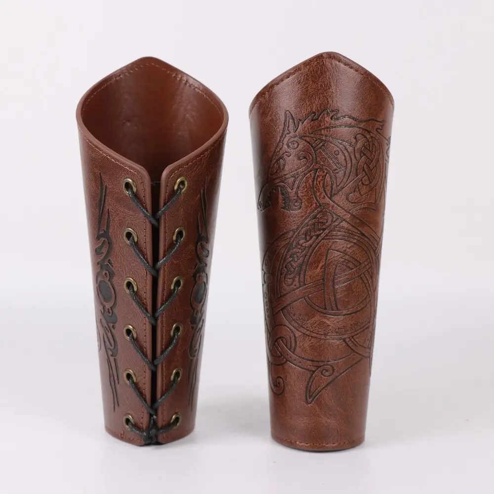 Retro Brown PU Leather Bracers, Medieval Viking Style Carved Leather Arm Guards, Adjustable Lace-Up Wrist Guards, Perfect for Halloween / Cosplay / Renaissance Faire / LARP Party Atmosphere Accessories