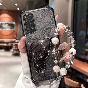 White Luxury Jewelry Lanyard Strap Lanyard Elegant Transparent Glitter Shiny Phone Holder Case Compatible With for Xiaomi Redmi Note 11 11s 11T Pro 4G 5G Butterfly Sketch Pattern Case Cover for Fashion