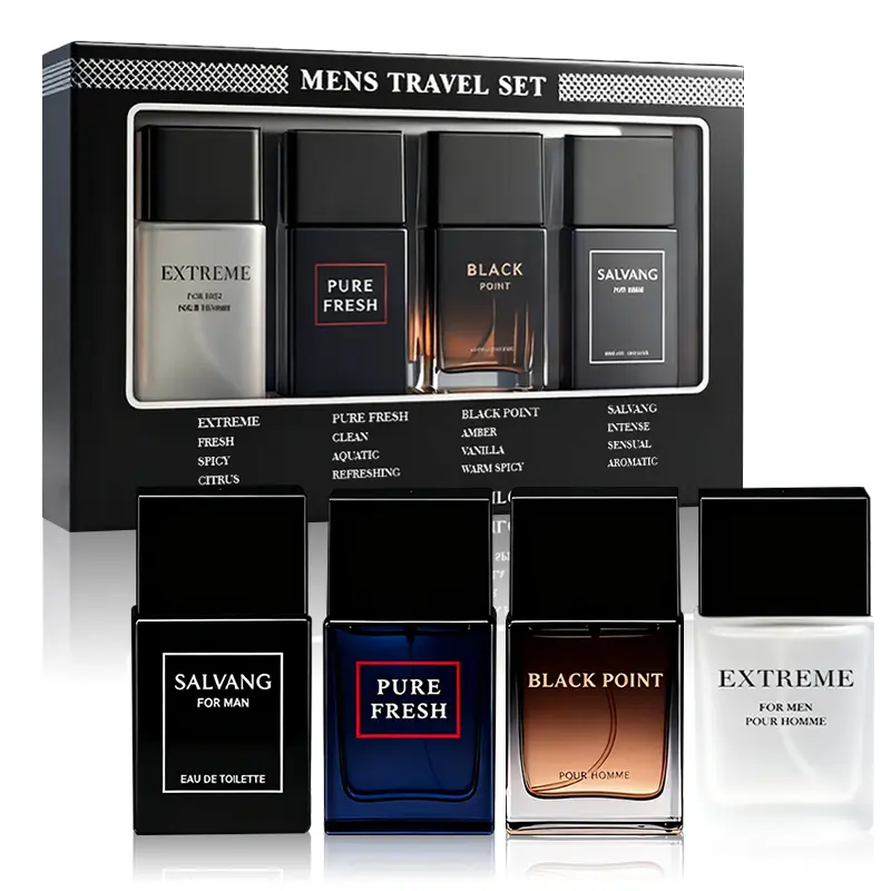 Men's Travel Set - 4-Piece Set Eau De Toilette Spray Gift Box with Long Lasting Fragrance - Perfect for Holidays, Dating, Daily Life & Parties - 1.02 Fl Oz Each Bottle