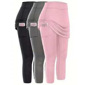 3pcs Skirted Legging Women, Stretch Yoga Running With Skirts, Women's Activewear