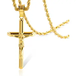 New upgrade Sterling Silver Plated Cross Necklace for Men Gold Plated Cross Necklaces for Women Trendy Stainless Steel Crucifix Pendant with 3mm 21inch Rope Chain necklaceset anti-rust technology