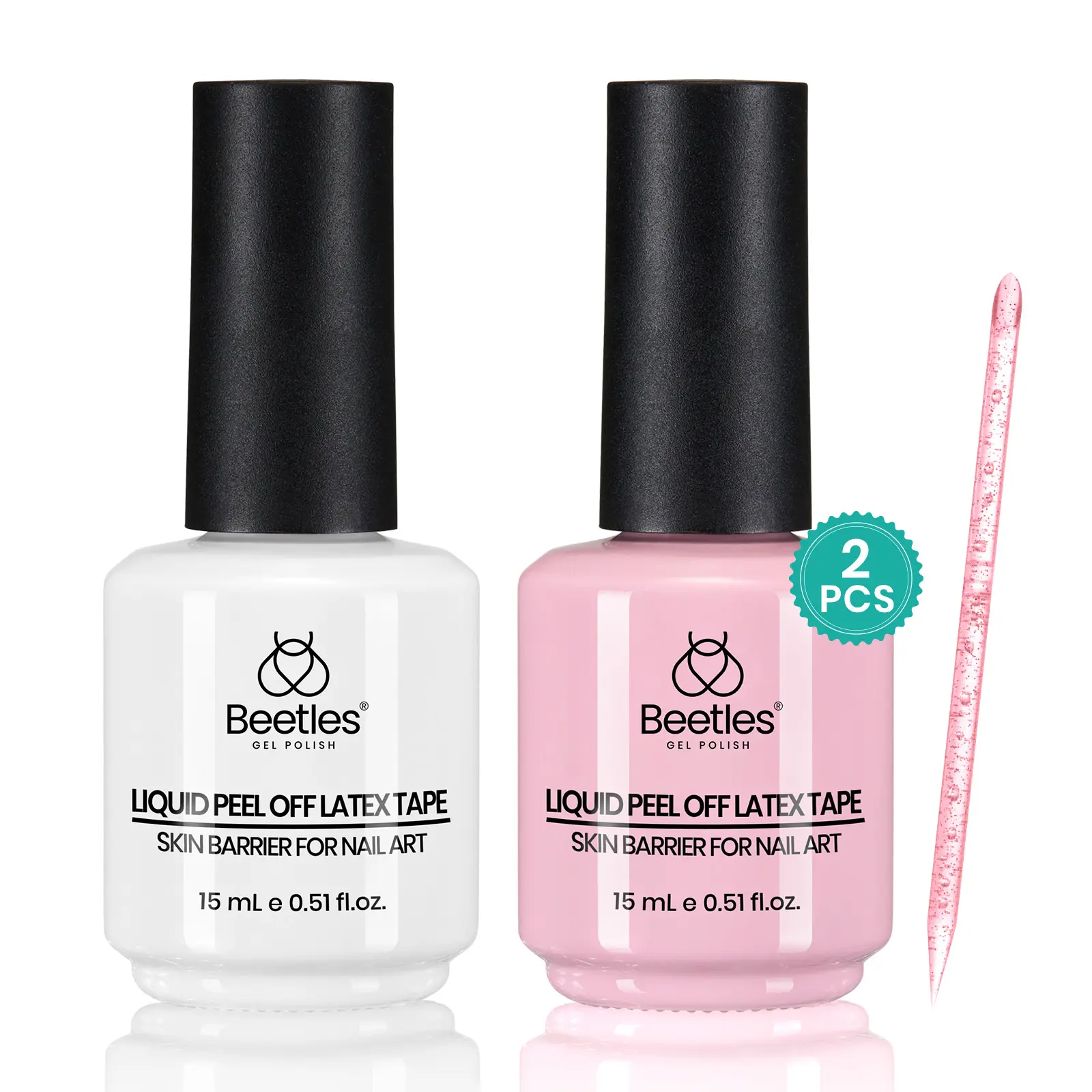 Beetles 2*15ml Liquid Latex Cuticle Guard, Peel-Off Air-Dry Barrier with Plastic Care Stick, Compatible with Gel Nail Polish & Easy Remove Nail Polish for Art & Finger Protection