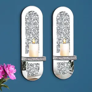 Crystal Crushed Diamond Mirrored Candle Sconces Set of 2, Glam Silver Wall Candle Holders for Living Room Bedroom Hallway Decor Large Wall Mounted Mirror Candle Holder with Sparkly Crystal Shelf
