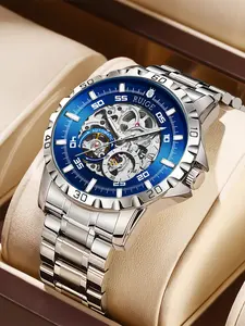 Men's Business Automatic Mechanical Watch, Stainless Steel Band, Hollow Design, Skeleton Watches, Fashion Sport Style, Analog Round Face, Round Dial Watch, All Seasons, Analog Watches, Business Automatic Wristwatch
