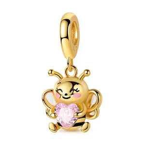 MULA 925 Sterling Silver Gold Plated Bee Embracing Heart Pendant with Pink Zirconia - Symbolizes Love, Sweetness and Good Luck, Suitable for Pandora Bracelets and Necklaces - Gift for Women and Girls