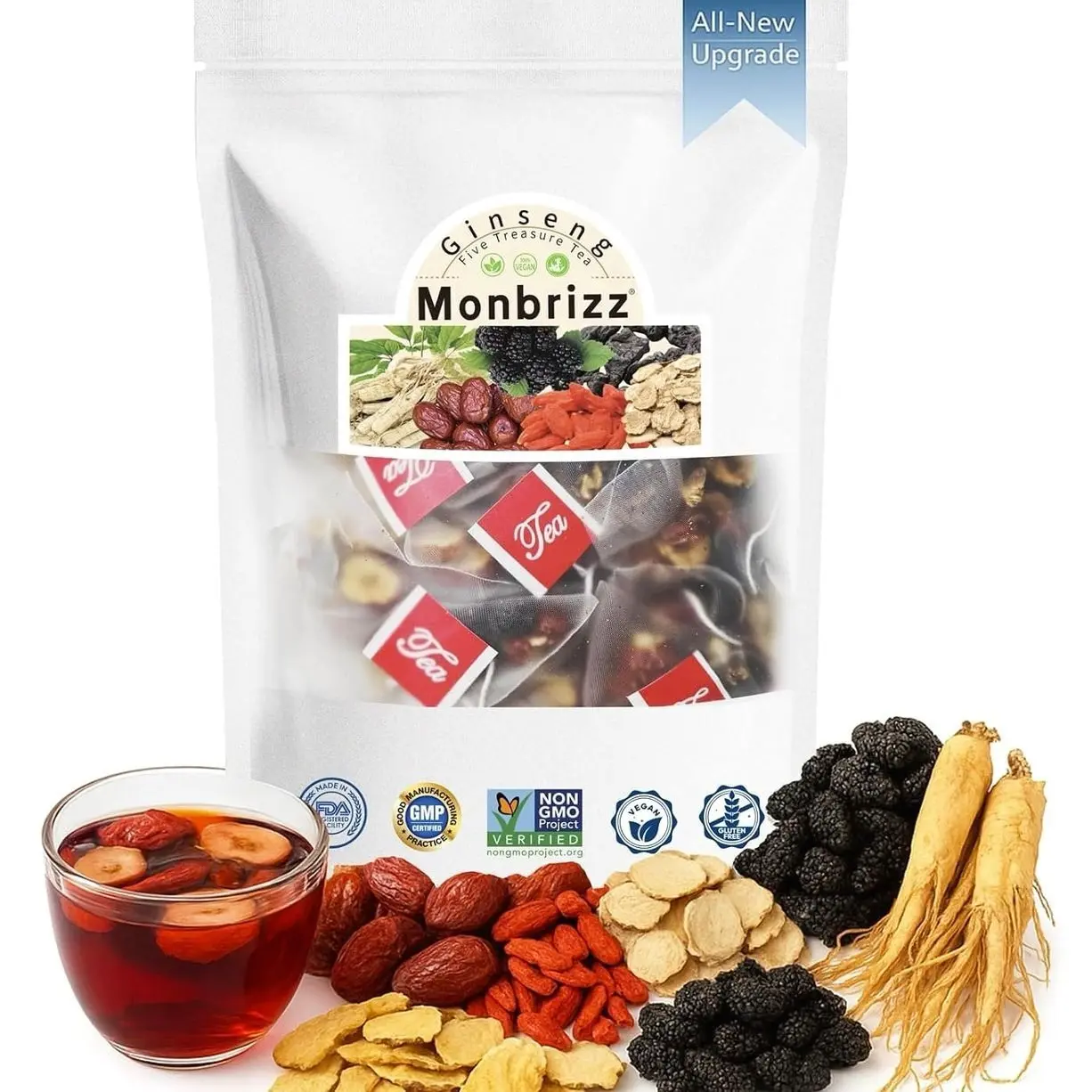 Monbrizz Kidney Tea Formula — 40 Count Value Pack, Ginseng Six Treasure Tea with Maca Root, Goji Berries, Red Dates & Turmeric, Caffeine-Free Herbal Tea for Daily Wellness (20 Count)