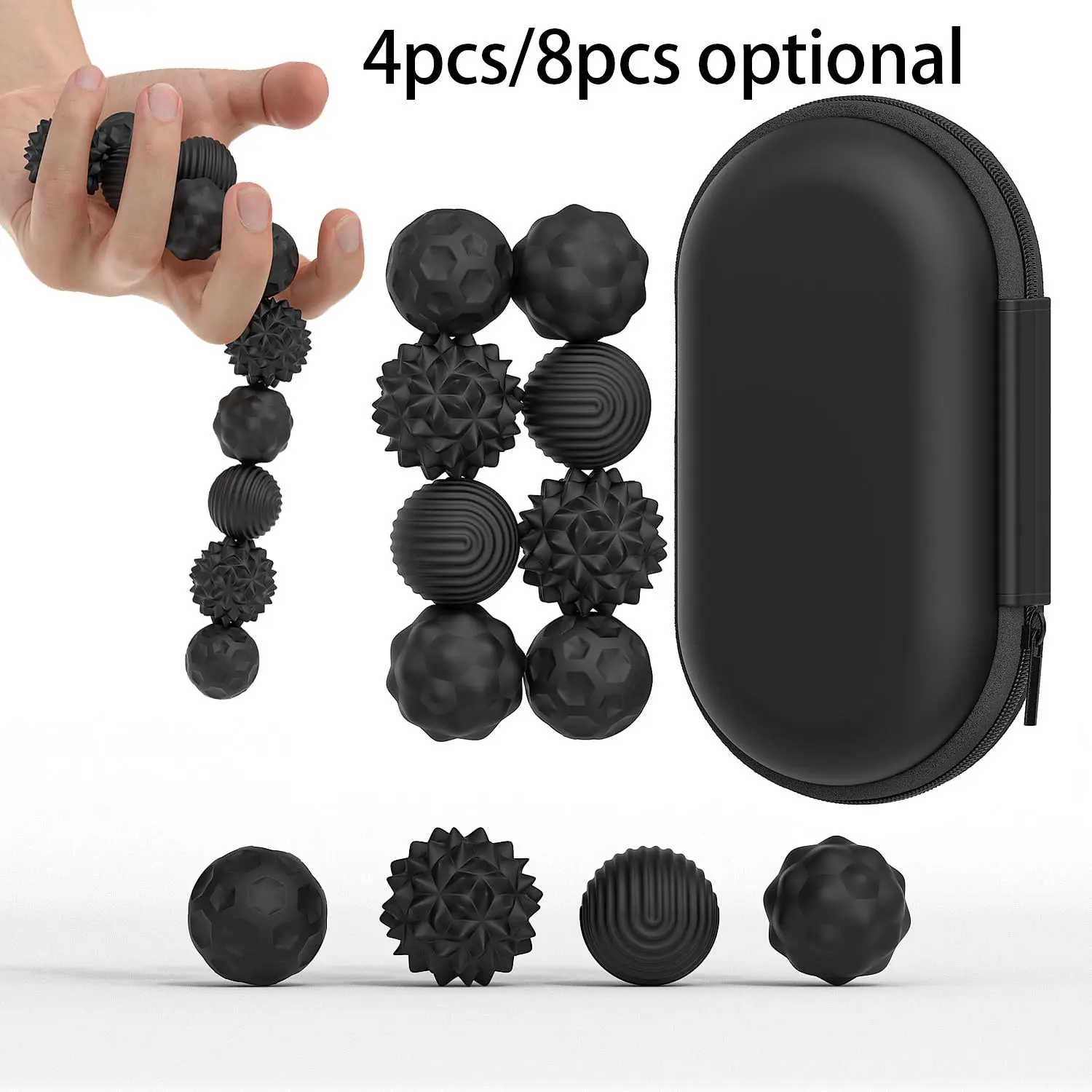 4/8Pcs Black Silicone Magnetic Fidget Balls, Textured Sensory Relaxation Supplies, Quiet Desk Fidget Magnets, Office Desk Gadgets, With Storage Case, Daily Relaxation Accessories For Women & Men, Sensory Bundle