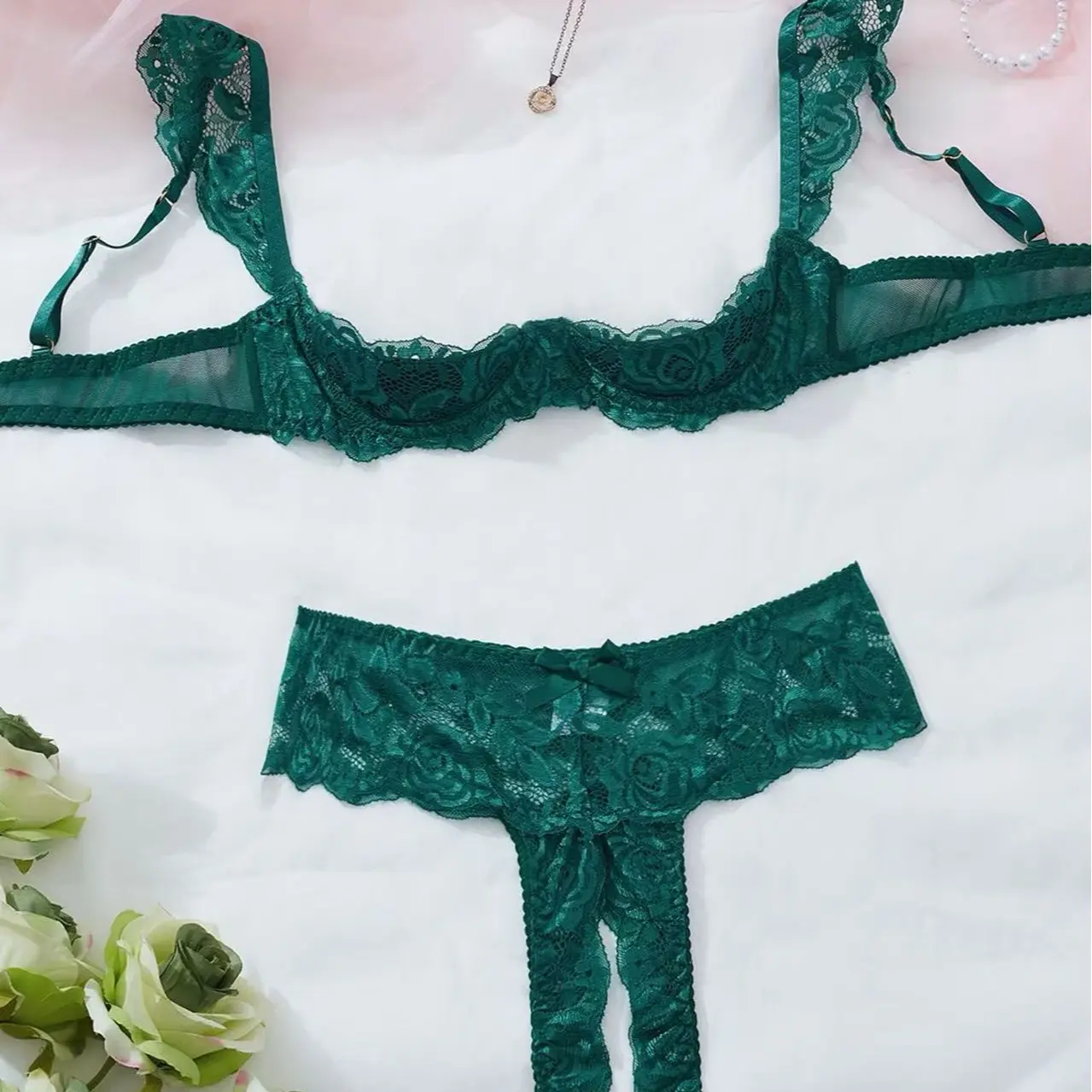 sexy lingerie same day delivery 2026 Women's Floral Lace Sexy Lingerie Two-pieceSet, Romantic Underwire  Bandeau Bra &Scallop Trim Thong,Comfortable BreathableFabric Lingerie Set  for Daily Wear, Women'sUnderwear Set for All Seasons,EmeraldGreen Option  Valentine's Day gift Seamless