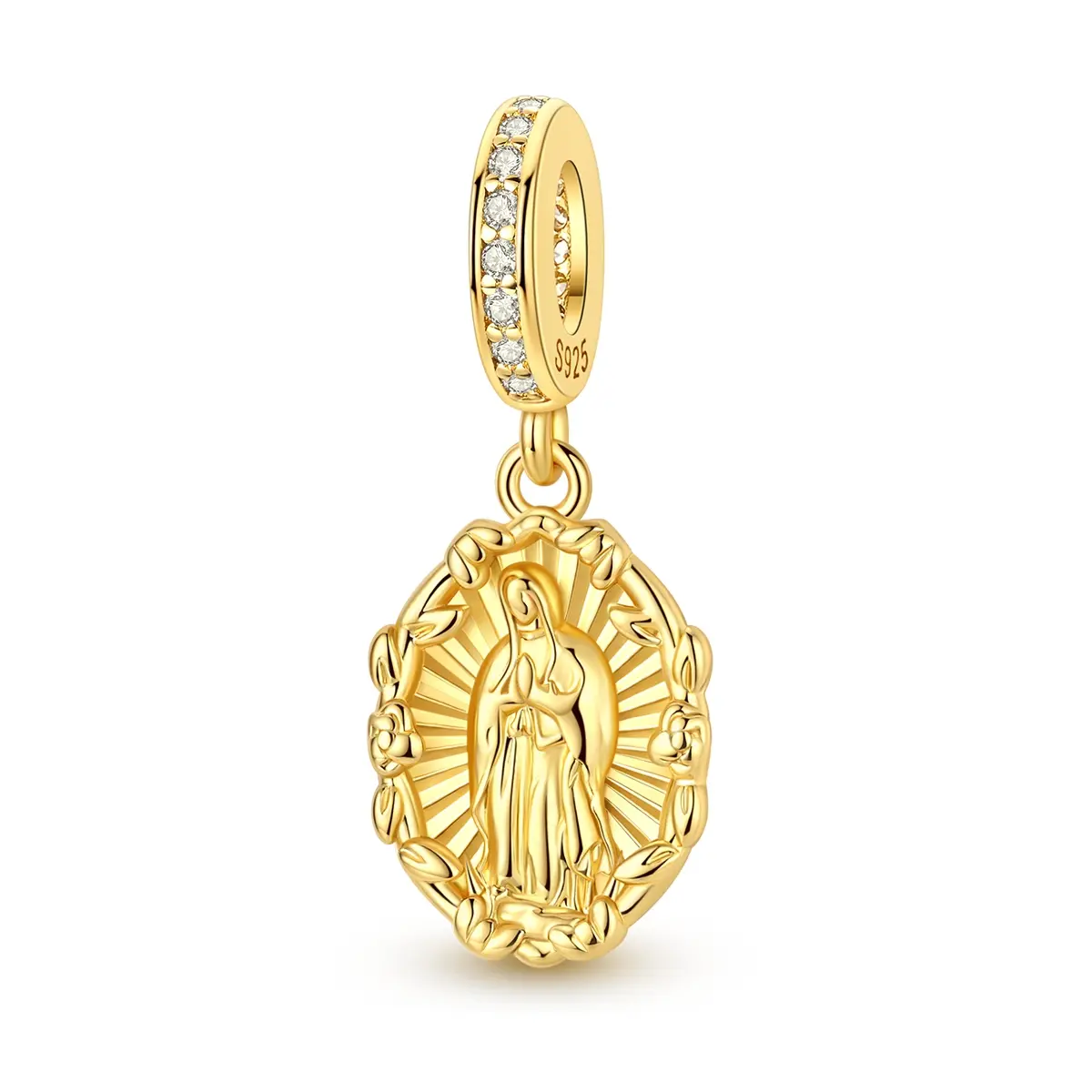 MULA 14K Gold-Plated Virgin Mary Pendant (Compatible with Pandora Bracelets) — 925 Silver-Plated, Adorned with a Floral Wreath and Pavé-Set Zirconia; A Religious Jewelry Gift Designed Exclusively for Women.