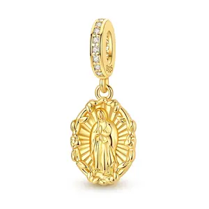 MULA 14K Gold-Plated Virgin Mary Pendant (Compatible with Pandora Bracelets) — 925 Silver-Plated, Adorned with a Floral Wreath and Pavé-Set Zirconia; A Religious Jewelry Gift Designed Exclusively for Women.