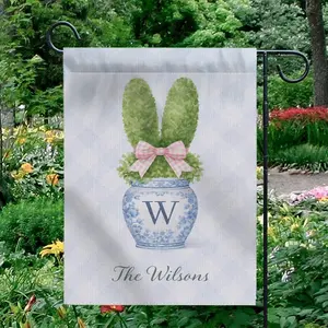 Personalization Garden Flag – Bunny Topiary in Floral Vase with Monogram and Gingham Bow