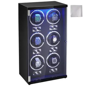 fathersdaygift VEVOR Watch Winder, Watch Winder for 6 Men's and Women's Automatic Watches, with 6 Super Quiet Japanese Mabuchi Motors, Blue LED Light and Adapter, High-Density Board Shell and Black PU