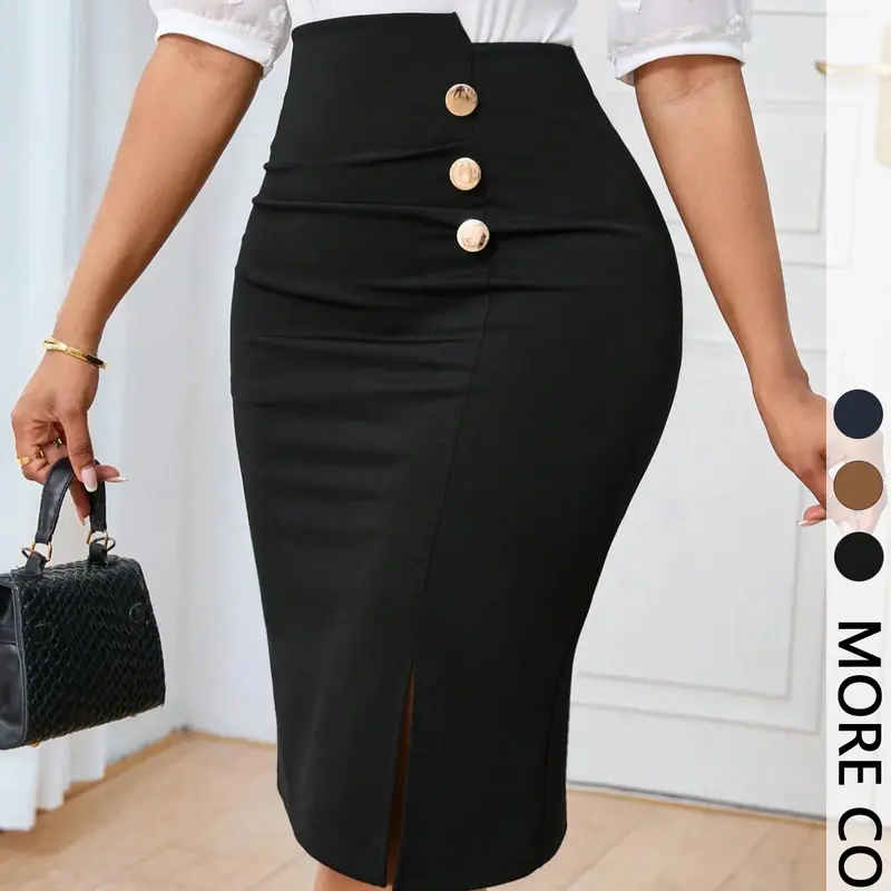 Women's Commuting Minimalist Chic Basic Solid Color Formal Skirt, Button-Front Fitted Pencil Skirt, Fashion Button Asymmetrical Elegant Casual for All-season, Tight Bodycon Skirt